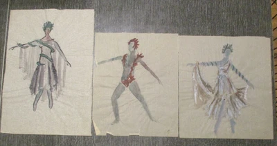 3 VTG Gouache Painting  Andre Delfau Abstract Modernist Ballet Fashion Costumes - Image 1 of 4
