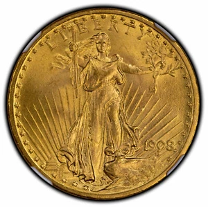1908 $20 Gold St Gaudens No Motto NGC MS66+ (CAC) - Picture 1 of 4