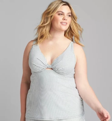 Lane Bryant Cacique Swim 38DDD Plunge Bra Tankini Top Green & White Seersucker - Image 1 of 4