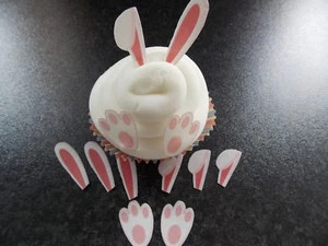 48 PRECUT Edible Bunny Ears and Feet wafer/rice paper easter cake/cupcake topper - Picture 1 of 3