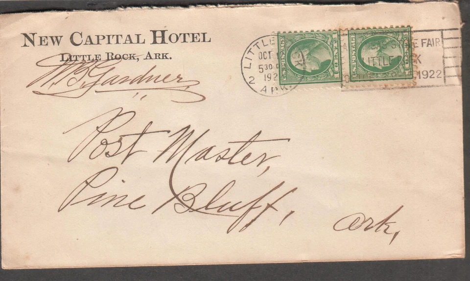 1922 cover New Capital Hotel Little Rock AR state fair slogan cancel to Pine Blu - Image 1 of 1