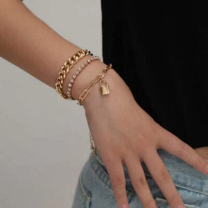 Damen Armband Set Gold und Silber mit Diamant Akzenten Schloss Verschlüsse EU - Bild 1 von 6