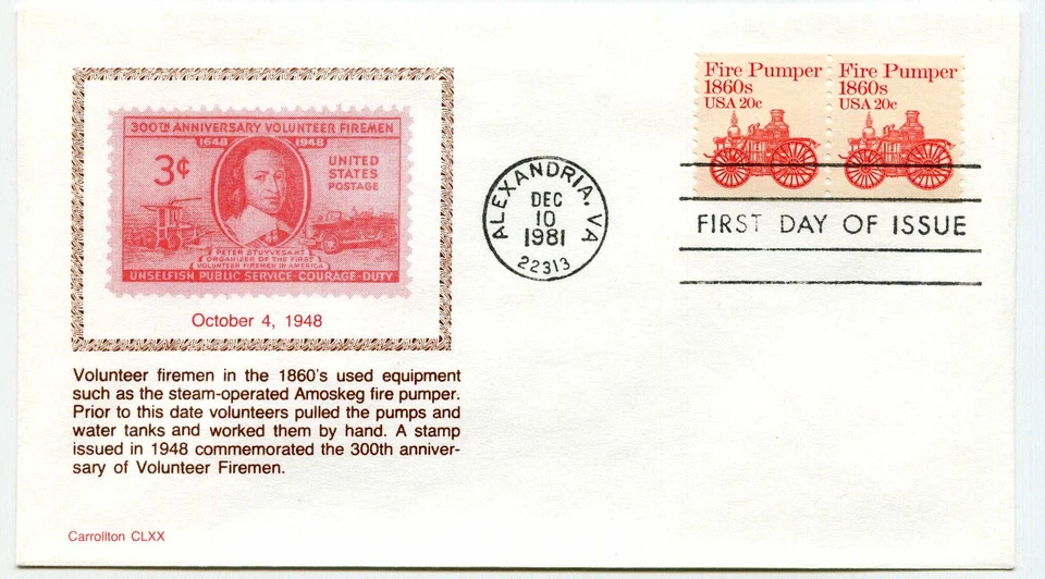 1908  20c Fire Pumper 1860s, coil pair, Carrollton FDC - Image 1 of 1