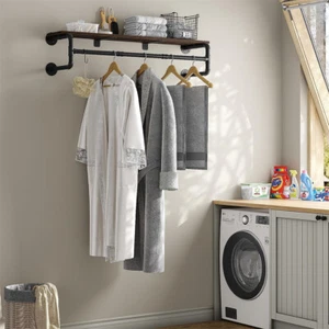 Perchero industrial para tubería con estante superior 3 ganchos barra de ropa de pared de alta resistencia - Imagen 1 de 12