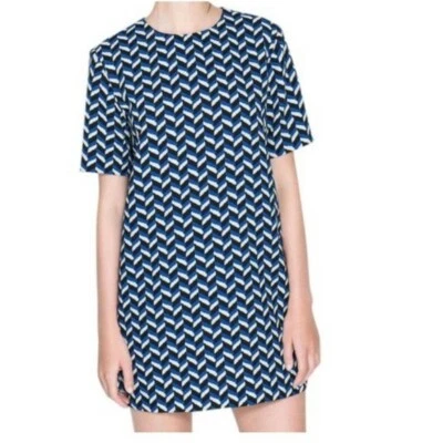 Zara Woman Black Blue Wht Geometric Pattern Short Sleeve Shift Dress - Image 1 of 4