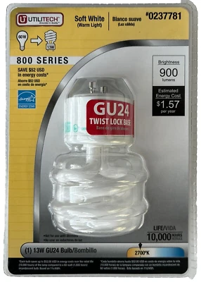 Utilitech GU24 Twist Lock Base CFL Bulb SOFT WHITE 60W Equivalent 13W 2700k - Image 1 of 4