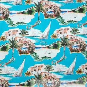 BonEful Fabric Cotton Quilt Blue Aqua Ocean Sea Scenic Palm Tree Sail Boat SCRAP - Picture 1 of 7