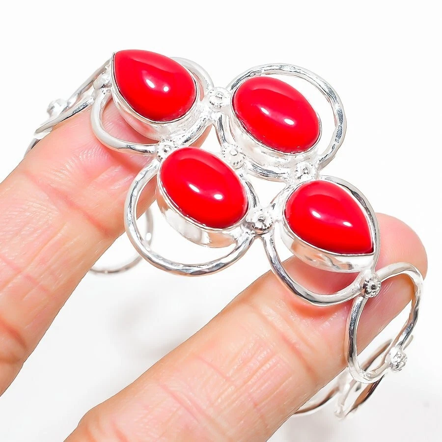 Italian Coral Gemstone Handmade 925 Sterling Silver Jewelry Bangle Sz 7-8 - Image 1 of 1