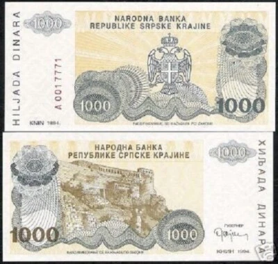 Croacia 1.000 dinares 1000 P-R30 1993 Knin serbio UNC Guerra de Bosnia UV VENDEDOR DE EE. UU. Foto 1 de 3