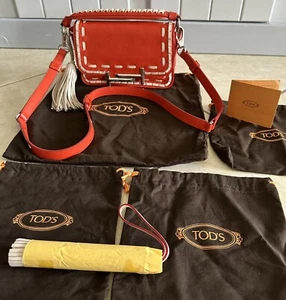 Tod's Double T Orange-Red Leather Hand Bag Cross-Body Shoulder White Lace Tassel - Picture 1 of 22