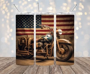 Old Style Motorcycle and American Flag 20 oz Stainless Steel Tumbler Handmade - Picture 1 of 1