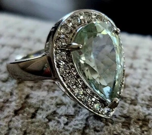 Vintage Pear Shape Green Amethyst Prasolite Halo Cz 925 Ring Sz 7.5 - Picture 1 of 7
