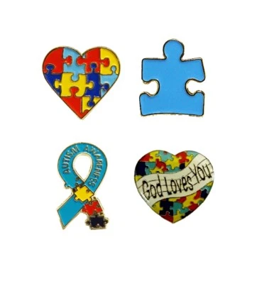 4 Piece Set Autism Awareness Heart Colorful Puzzle Pieces Lapel Hat Pins 4P005 - Image 1 of 4