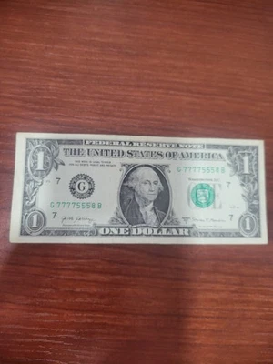 2017A $1 One Dollar Bill Note Fancy Serial Number G77775558B - Image 1 of 4