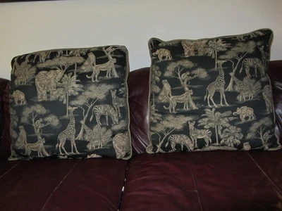 Set of 2 Throw Pillows Safari Jungle Animals 24X24 Black Gold Zebras Giraffes - Image 1 of 4