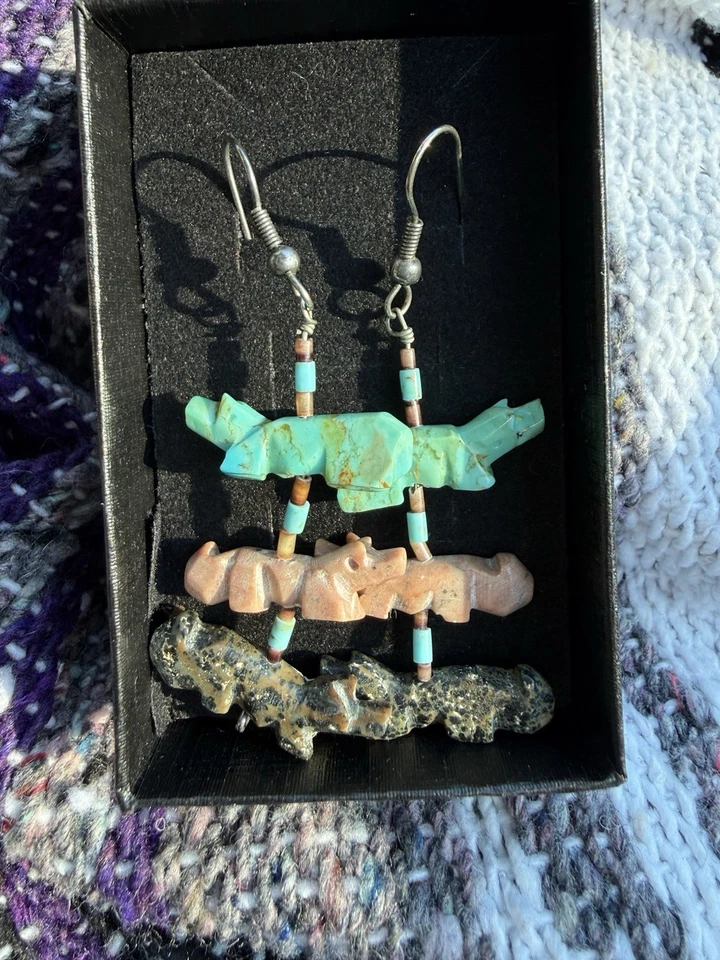 VTG Handcrafted Navajo Fettish Turquoise Sterling Silver Statement Earrings Gift - Image 1 of 4