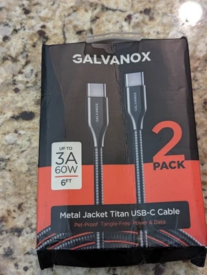 Galvanox Metal Jacket Titan USB-C Charging Cable Pet Proof 2 Pack 6 ft - Image 1 of 4