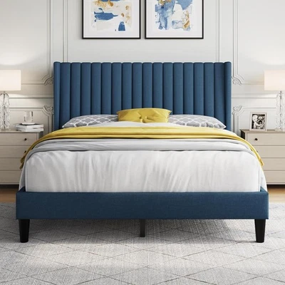 Queen Bed Frame Upholstered Platform Bed with Fabric Headboard, Wing  - Image 1 of 4