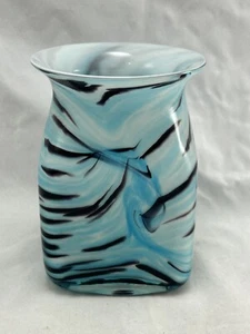 VINTAGE Murano türkis blau Tiger Streifen gefasst Kunstglas quadratischer Sockel Vase 15cm - Bild 1 von 10