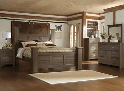 NEW King Poster Bedroom 5PC Rustic Oak Brown Vintage Barn Traditional B/D/M/N/C - Image 1 of 4