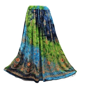 Maxi Skirt Rayon Block Printed Long Festival Handcrafted Sequin Tie Dye One Size - Picture 1 of 11
