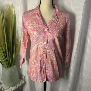 NEW Lauren Ralph Lauren Womens XS Pink Paisley Black Label Pajama Top 3/4 Sleeve - Picture 1 of 8