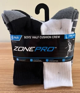 ZONE PRO BOYS' HALF CUSHION CREW SOCKS 6 PAIR SIZE L SHOE 4-10 NEW IN PACKAGE - Picture 1 of 7