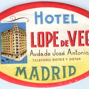 c1930s Madrid, Spain Hotel Lope de Vega Luggage Label Embossed Vintage Rare C42 - Bild 1 von 4