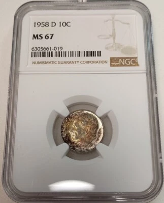 Toned 1958-D Roosevelt Dime 10C NGC MS67 #6305661-019 - Image 1 of 4
