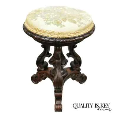 Antiguo taburete de piano victoriano tallado en nogal altura ajustable base pedestal Foto 1 de 4