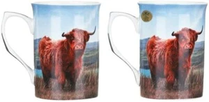 China Mugs Gift Set of 2 Highland Cow Scotland Scottish Scenery Present Boxed - Picture 1 of 2