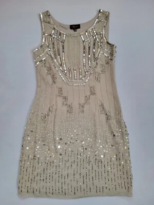 VESTIDO AQUA GRIS FUNDA CUENTAS LENTEJUELAS FIESTA CÓCTEL VESTIDO SIN MANGAS EE. UU. TALLA 6 Foto 1 de 4