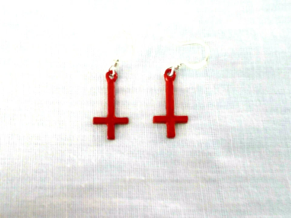 Blood Red Inverted Cross Ritual Pewter Satanic Occult Hand Enamel Pair Earrings - Image 1 of 1