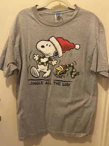 Vintage 90’s Y2K Peanuts Snoopy Woodstock JINGLE ALL THE WAY Large T-Shirt Grey - Bild 1 von 6