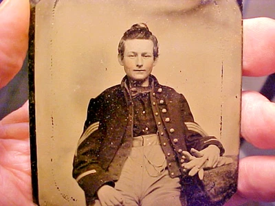 Civil War Tintype Photograph Union Soldier Sargent? Uniform, Gloves, etc. 1/6 Sz - Image 1 of 4