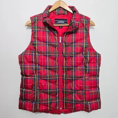 Lands End Womens Royal Stewart Tartan Plaid Down Puffer Vest Sz M Full Zip Red - Image 1 of 4