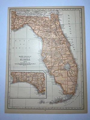 1925 "Copper" FLORIDA State Map fm 1925 Rand-McNally Atlas SEE DESCRIP - Image 1 of 3
