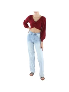 ALMOST FAMOUS Womens Maroon Long Sleeve V Neck T-Shirt Juniors L - Picture 1 of 3