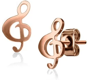 Danty Stainless Steel Gold Plated Treble G Clef Music Note Earrings Stud - Picture 1 of 2