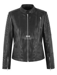 Chaqueta de cuero de piel de cordero suave clásica negra para motociclista calce ajustado estilo cremalleras - Imagen 1 de 7