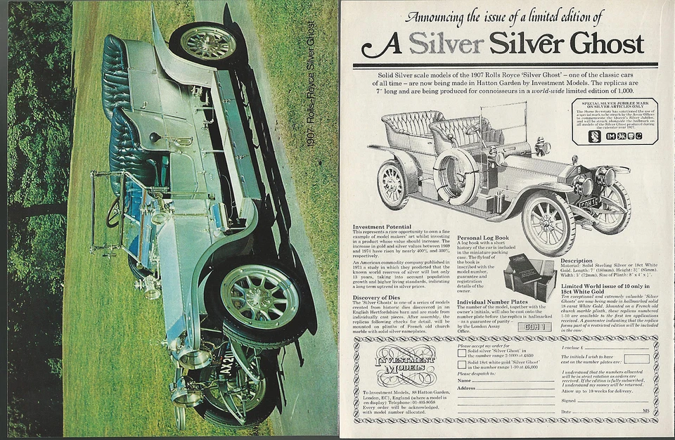 1907 ROLLS-ROYCE Silver Ghost model advertisement from 1977 Solid Sterling Silve — 第 1/1 张图片