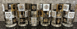 VTG Fred Press Set 6 European Country Crest Glasses MCM Black & 22k gold 5.5” T - Picture 1 of 10