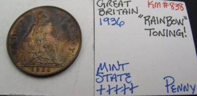 GREAT BRITAIN 1936 PENNY! MINTY+++++! KM# 838! RAINBOW TONED! NICE TYPE COIN! - Image 1 of 3
