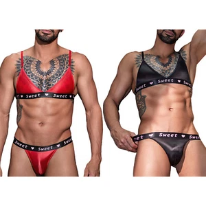 Men Outfits Oil Lingerie Set Stretchy Nightwear Straps Triangle Pouch Butt Cup - Foto 1 di 30