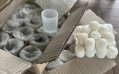 24 White Votive Candles & Frosted Glass Holders Bulk Wedding Holiday Unscented - Image 1 of 4