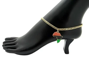 10" Cuban Chain Anklet Bracelet AFRICA Charm Ankle Bracelet 14k Gold Plated - Picture 1 of 4