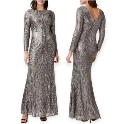 Adrianna Papell Silver Sequin Mesh Mermaid Long Sleeve Maxi Formal Dress 4 - Image 1 of 4