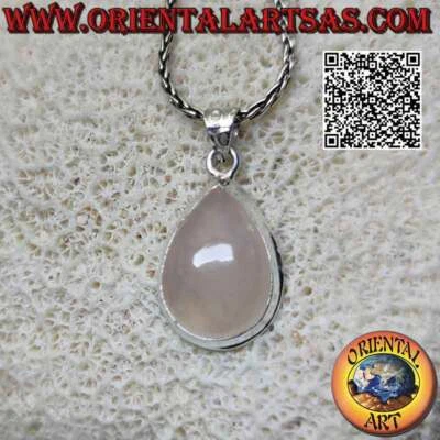 Ciondolo in argento 925‰ quarzo rosa a goccia cabochon e bordo liscio - Immagine 1 di 4