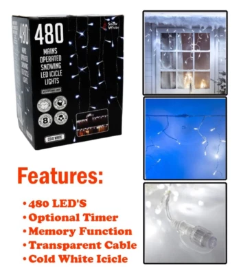 480 White LED Icicle Lights, Xmas Tree In-Outdoor Lights, 8 Function Controller - Image 1 of 4