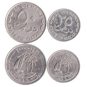 Qatari 2 Coin Set 25 50 Dirhams | Palm Trees | Sailing Ship | Dhow | 2000 - 2003